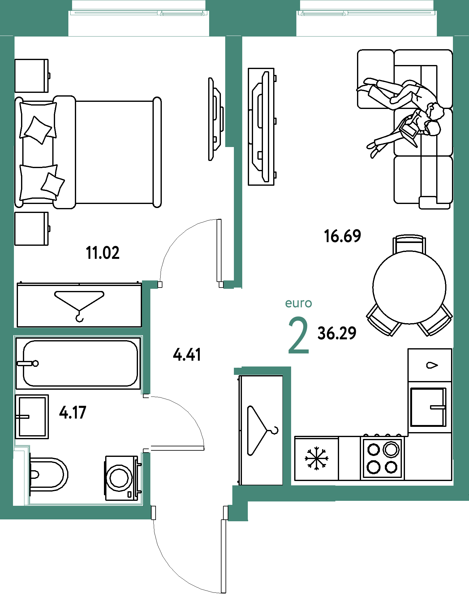 Планировка: Евродвушка 36,29 м² в ЖК «Европейский берег 2.0»