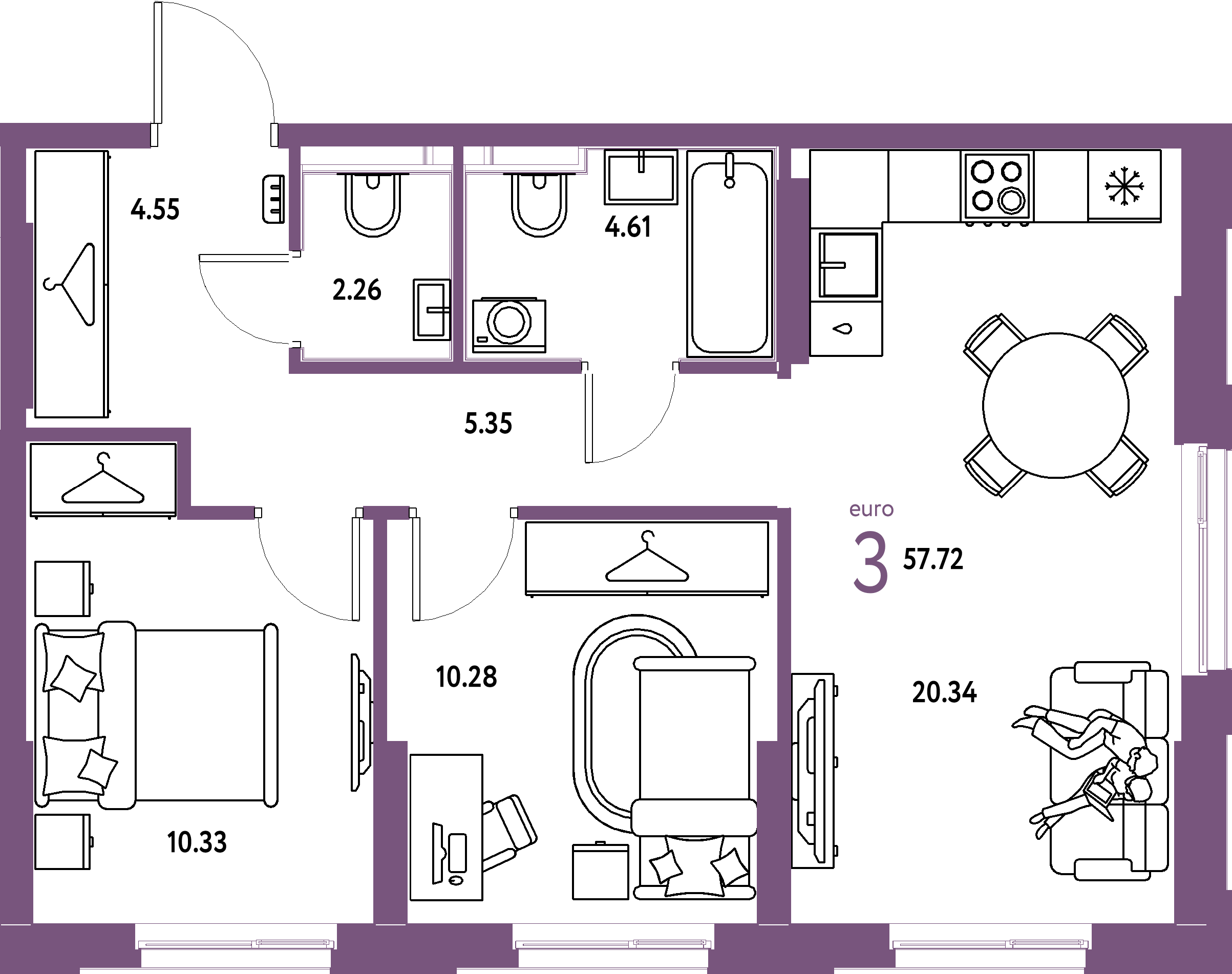 Планировка: Евротрёшка 57,72 м² в ЖК «Европейский берег 2.0»