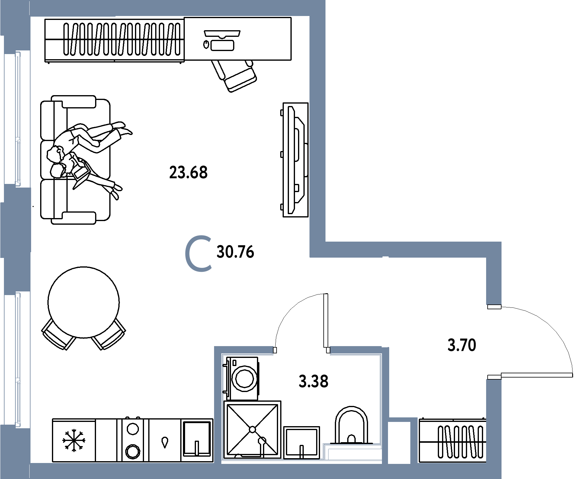 Планировка: Студия 30,76 м² в ЖК «Сердце Сибири»