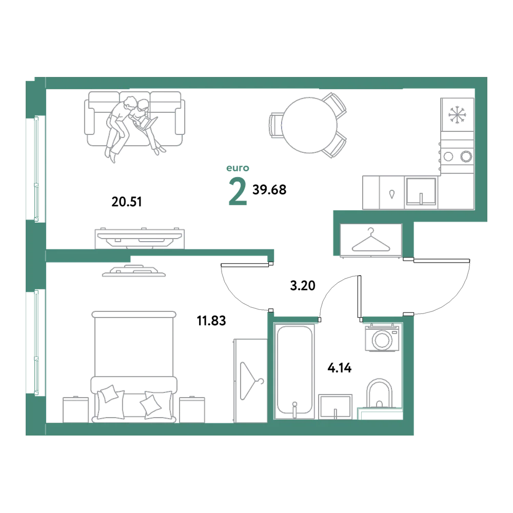 Планировка: Евродвушка 39,68 м²