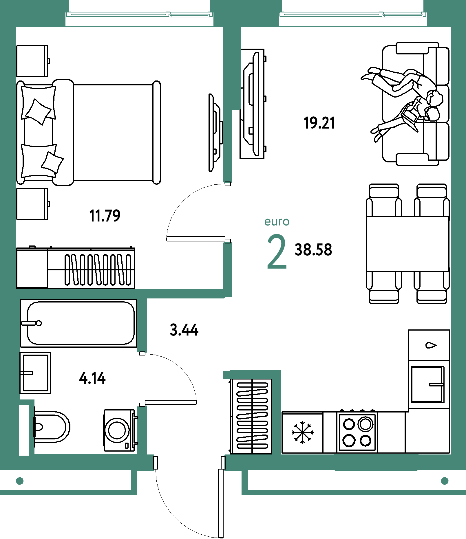 Планировка: Евродвушка 38,58 м² в ЖК «Страна.Прибрежная»