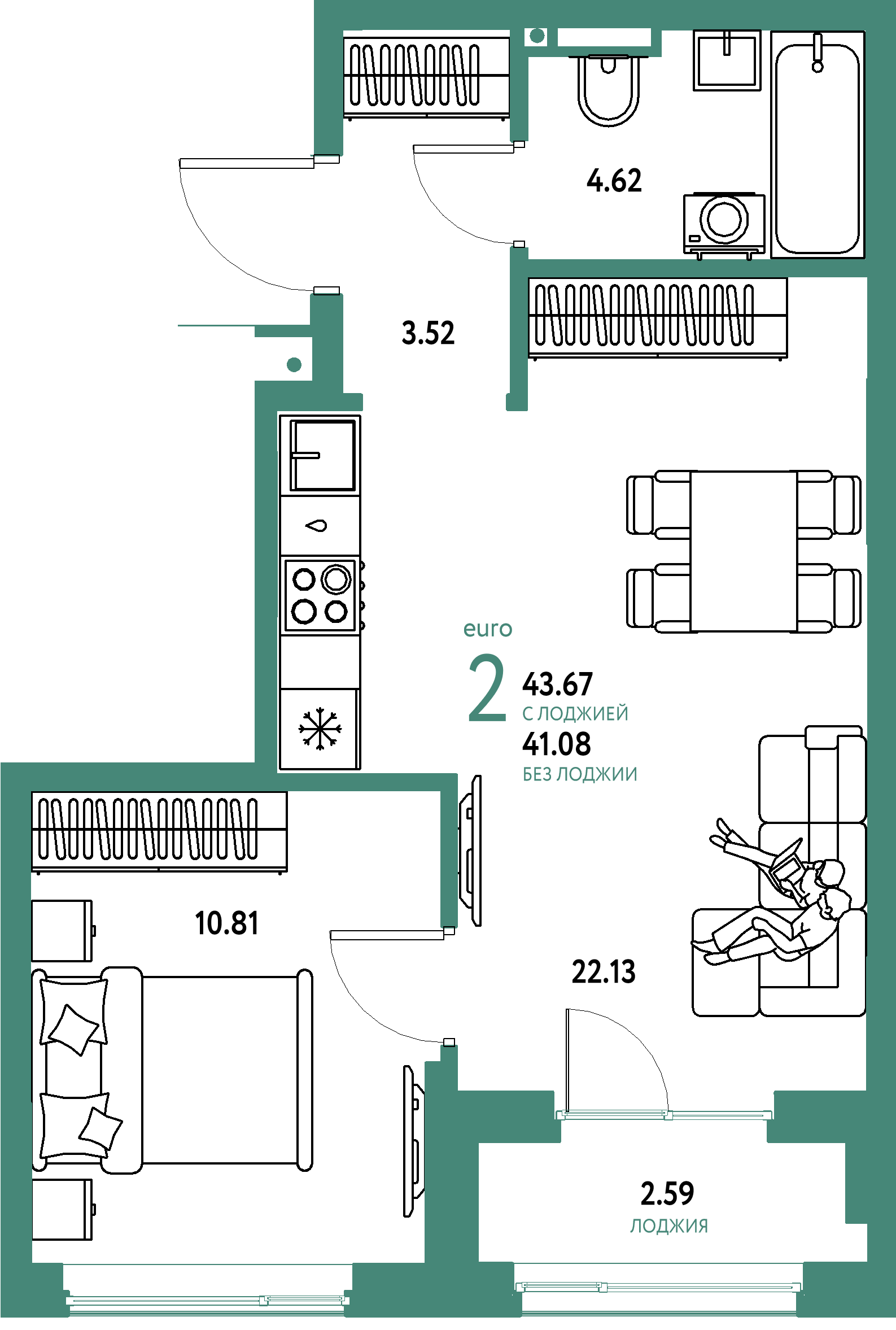 Планировка: Евродвушка 43,67 м² в ЖК «Страна.Прибрежная»