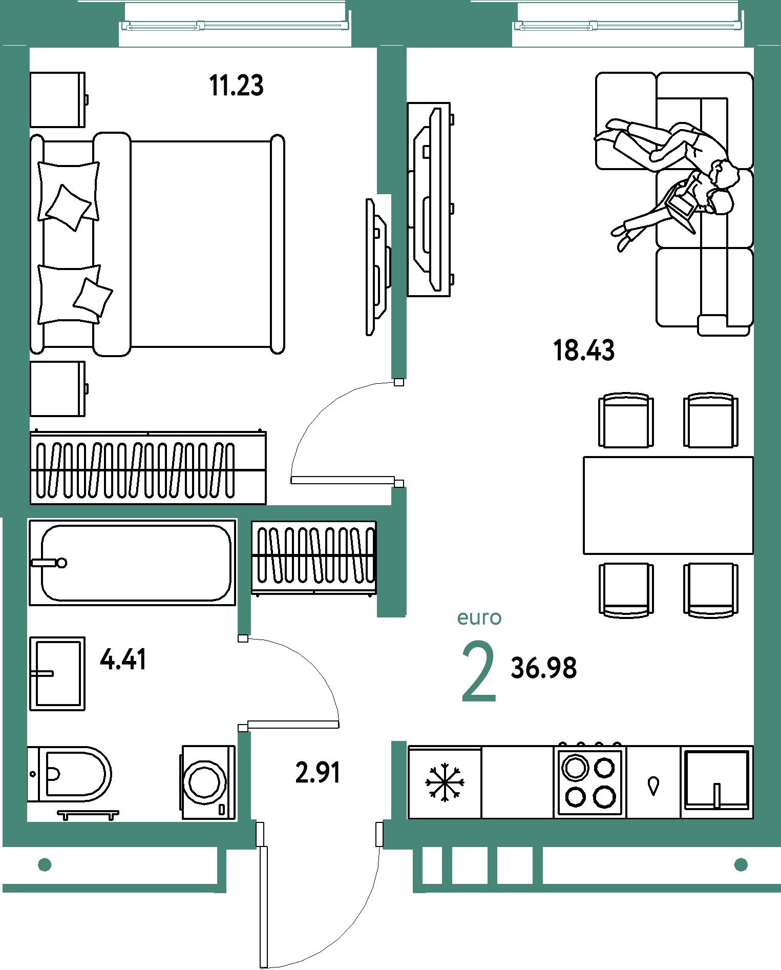 Планировка: Евродвушка 36,98 м² в ЖК «Домашний»