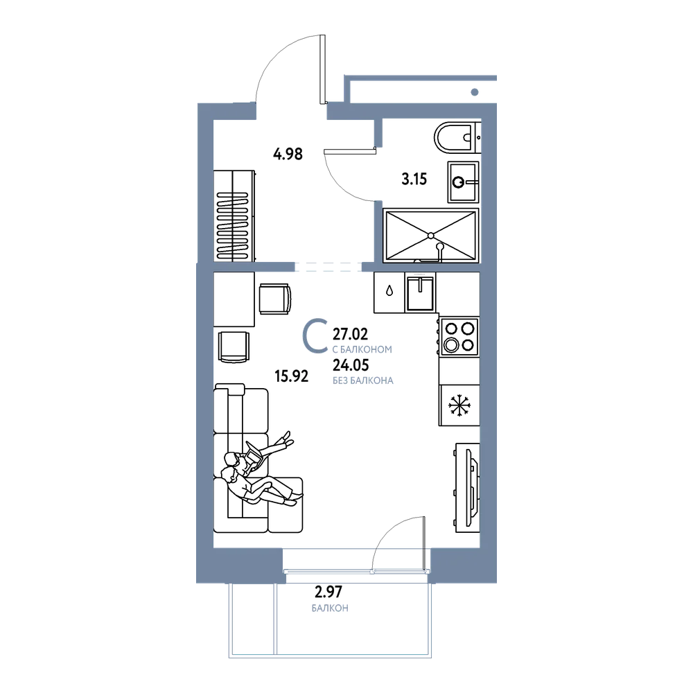 Планировка: Студия 27,02 м²