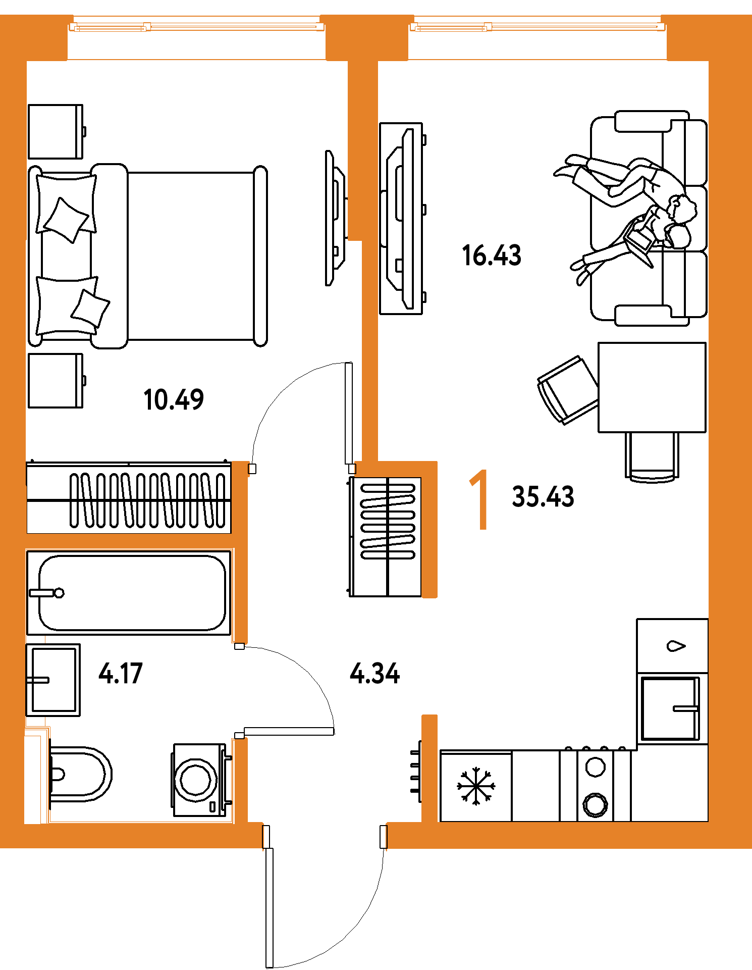 Планировка: 1-комнатная 35,43 м² в ЖК «Остров-сад»
