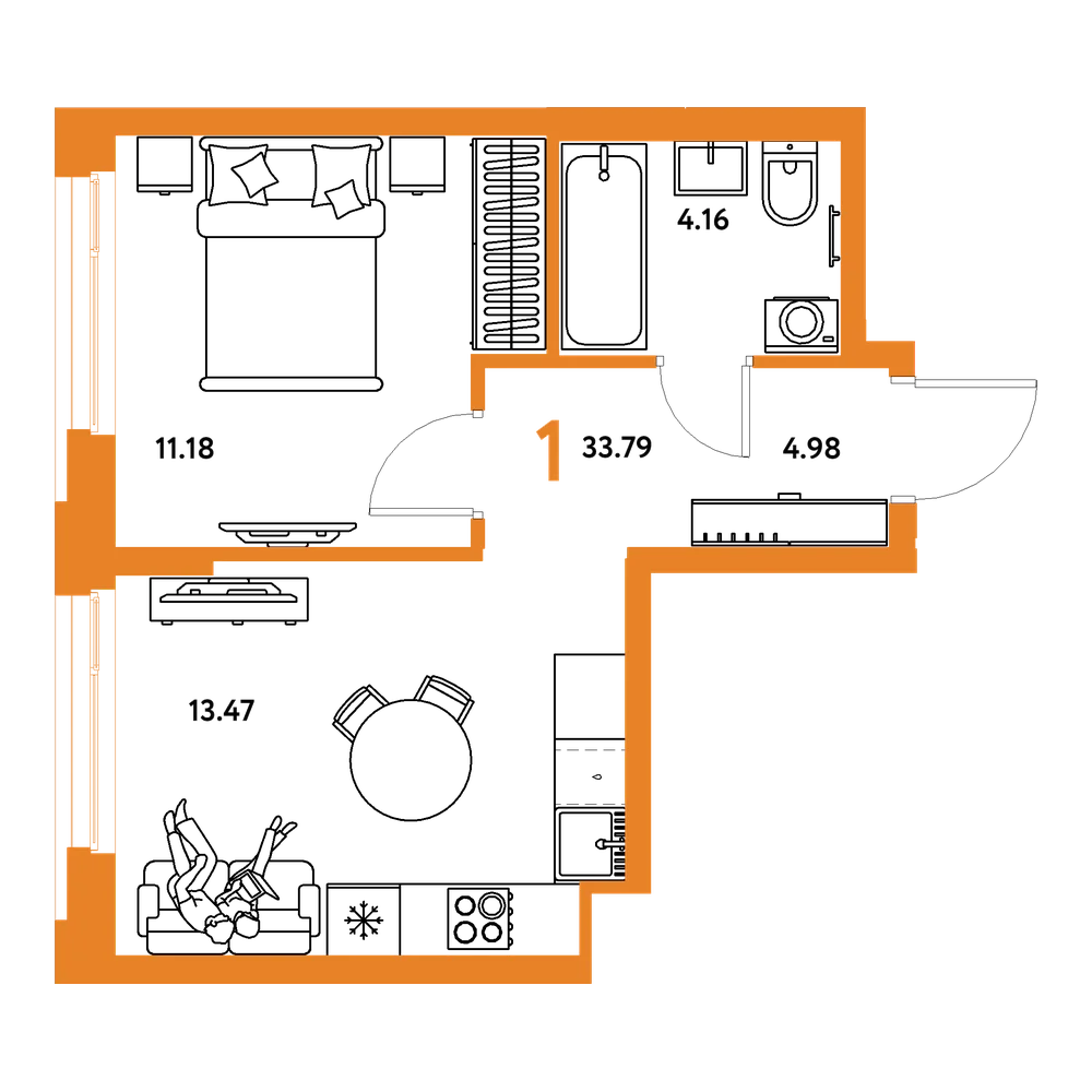 Планировка: 1-комнатная 33,79 м²