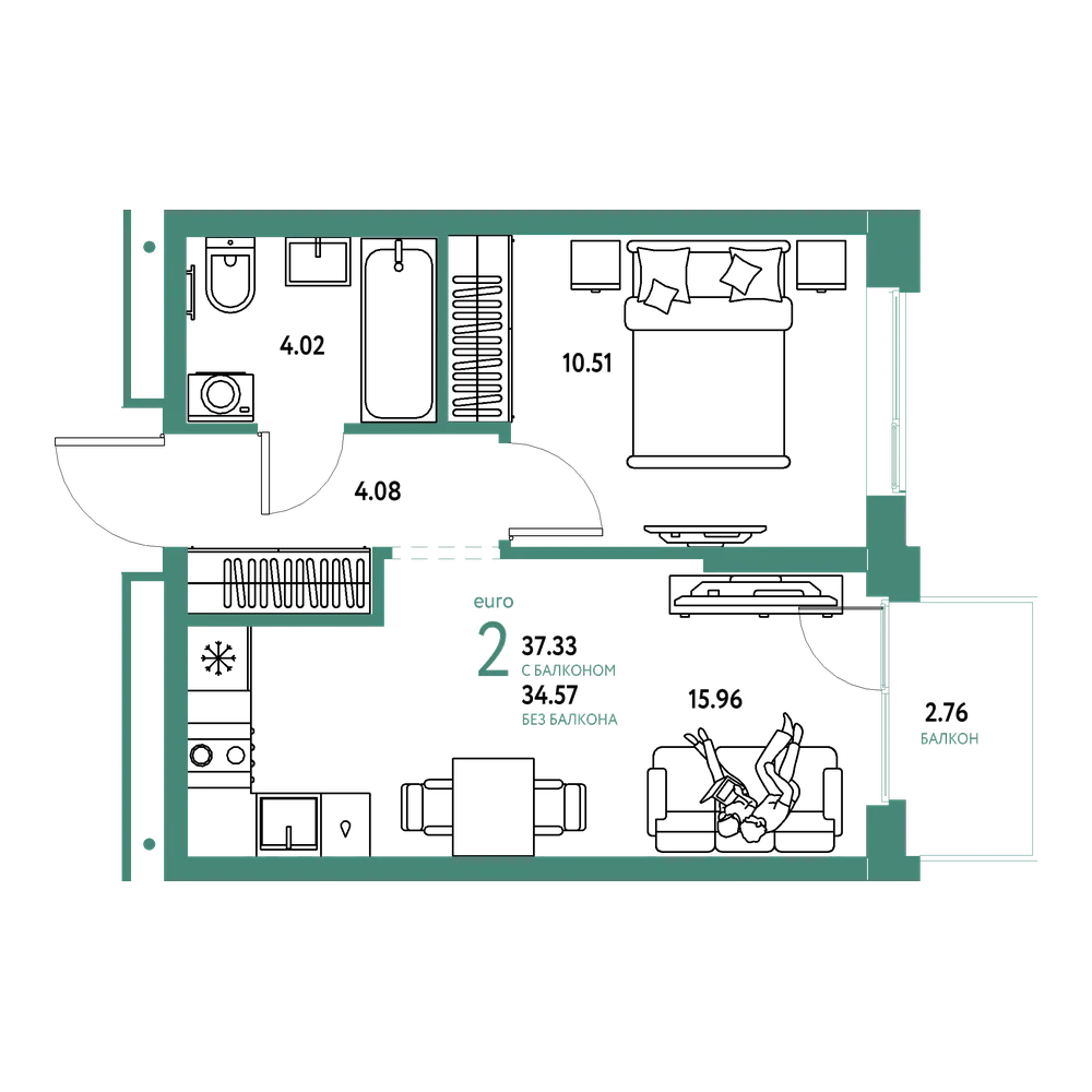 Планировка: Евродвушка 37,33 м²