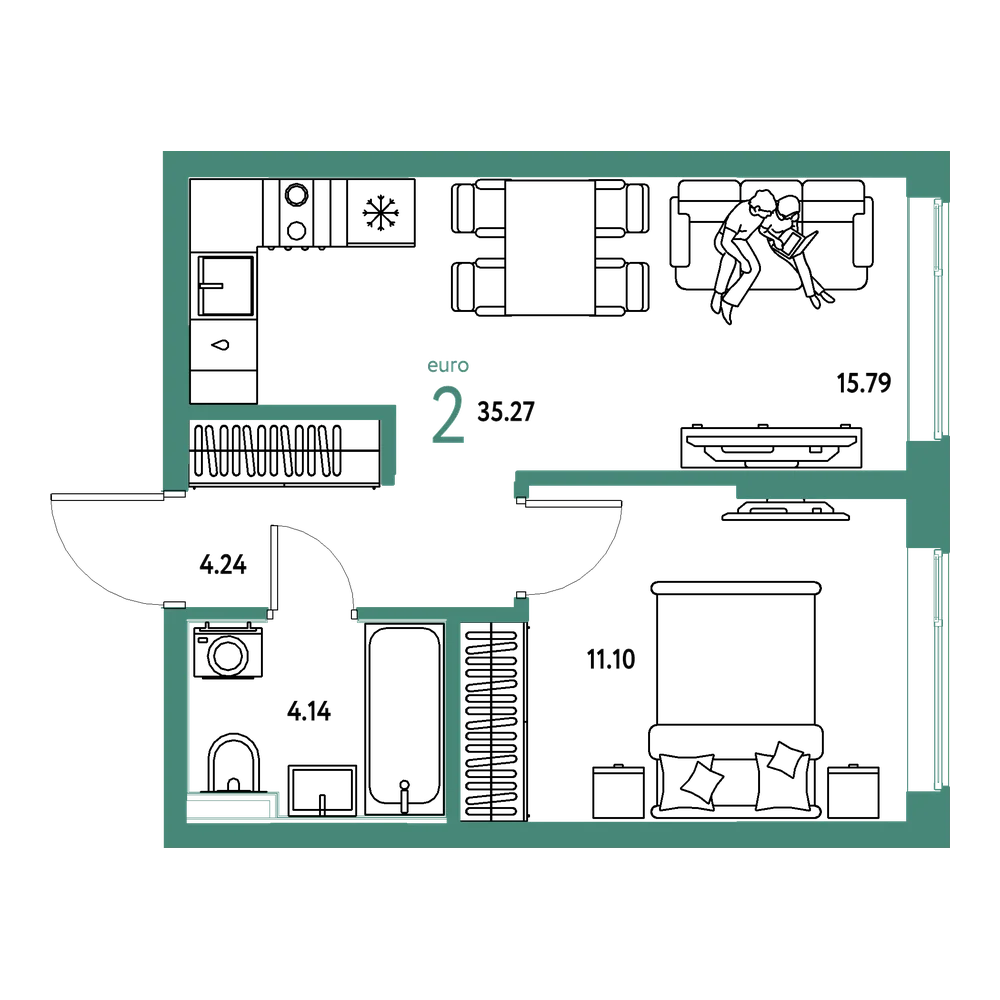 Планировка: Евродвушка 35,27 м²