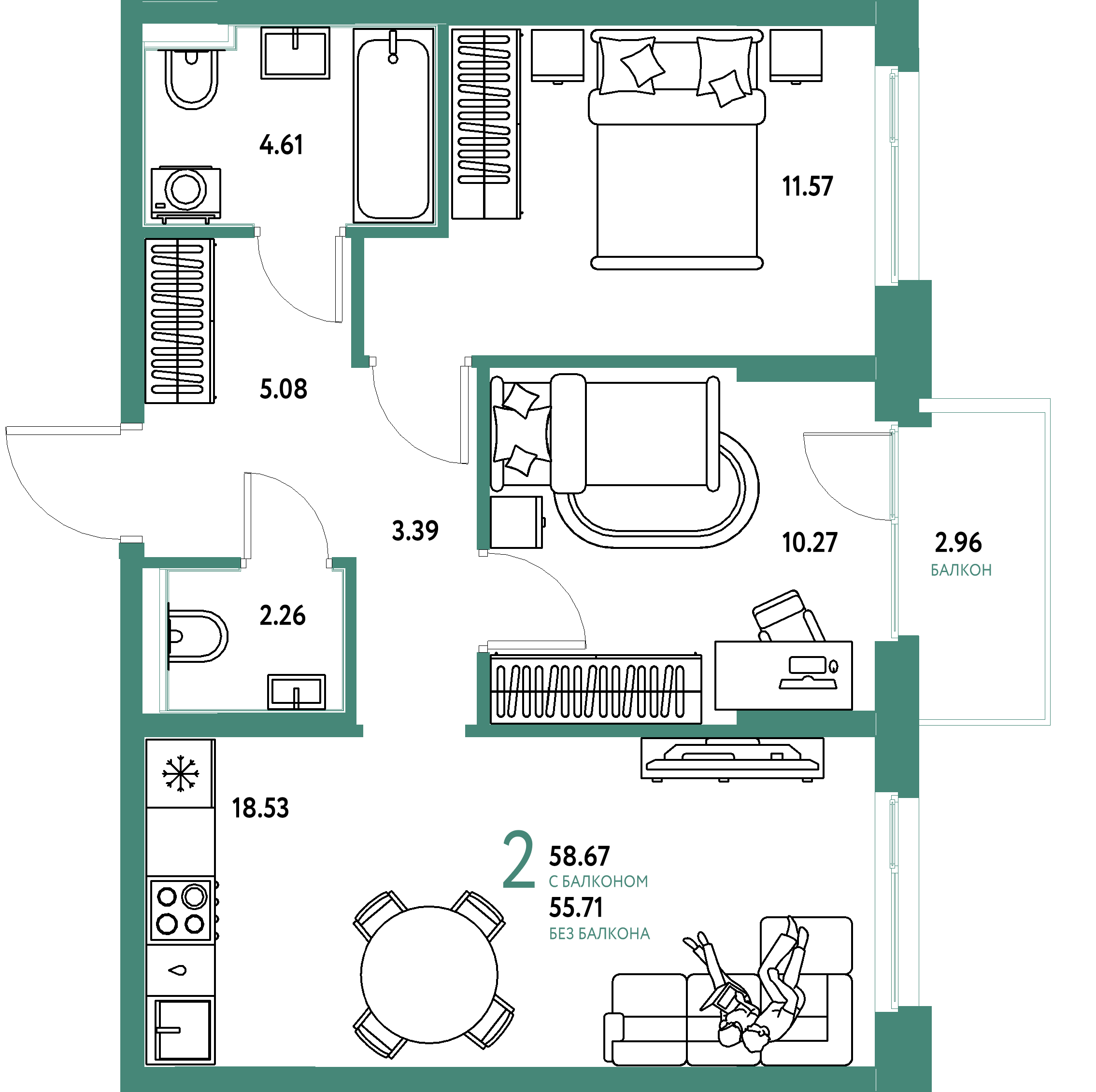 Планировка: 2-комнатная 58,39 м² в ЖК «Домашний»