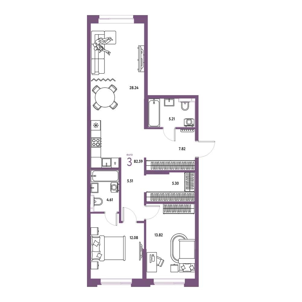 Планировка: Евротрёшка 82,61 м²