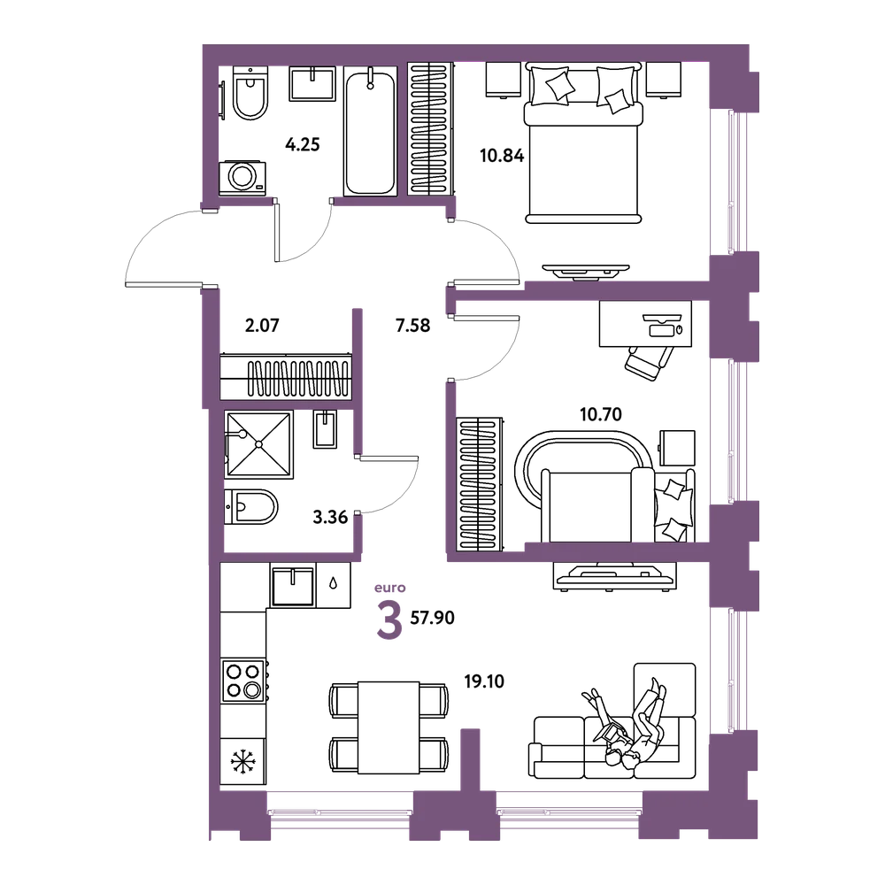 Планировка: Евротрёшка 57,9 м²