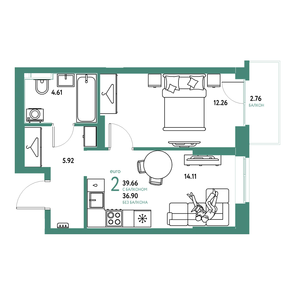 Планировка: Евродвушка 39,66 м²