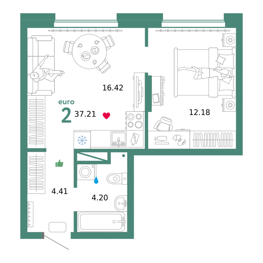 Планировка: Евродвушка 37,21 м²