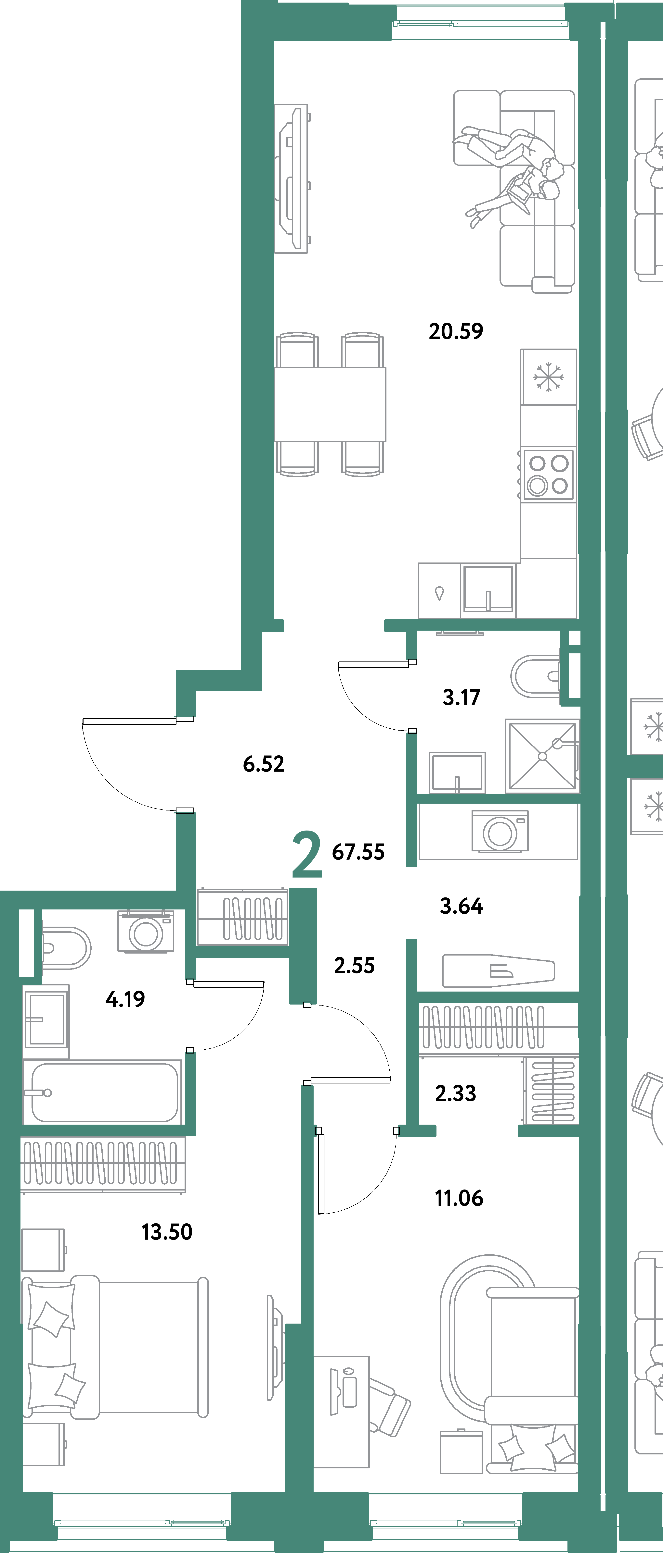 Планировка: 2-комнатная 67,55 м² в ЖК «Остров-сад»