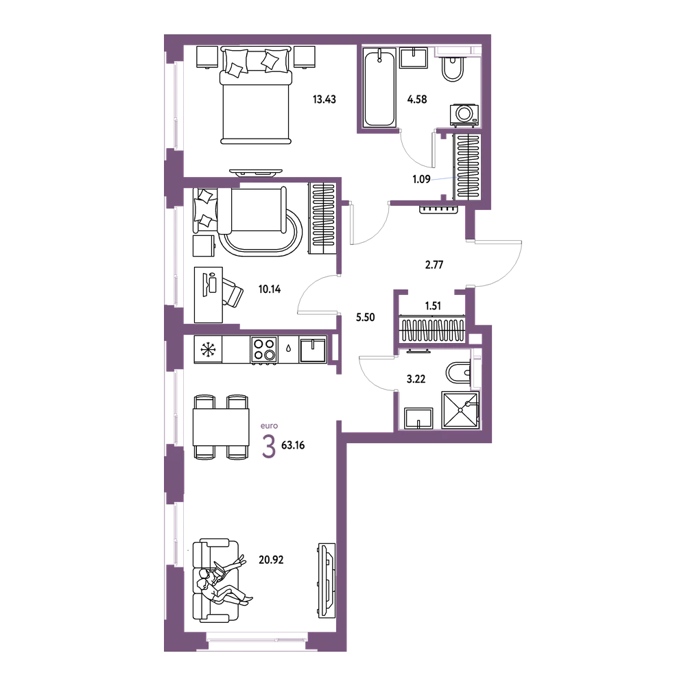 Планировка: Евротрёшка 63,16 м²