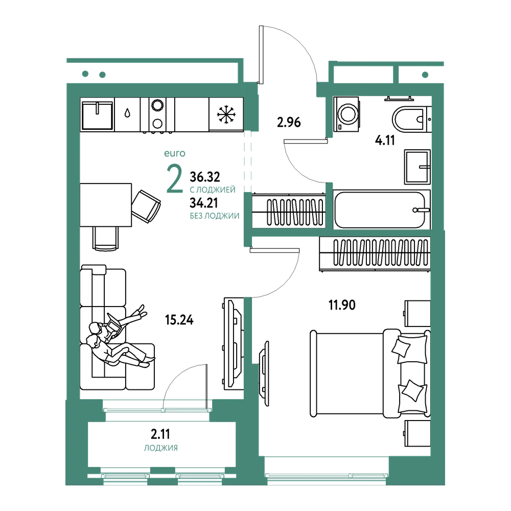 Планировка: Евродвушка 36,32 м²