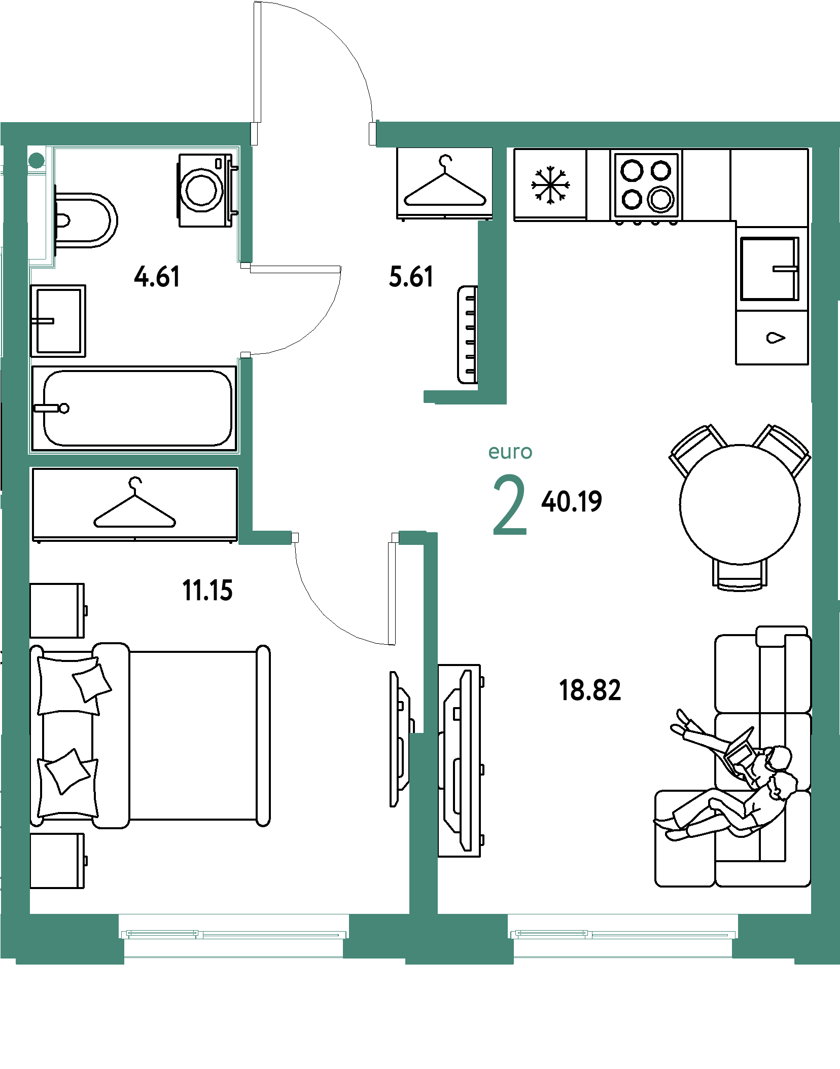 Планировка: Евродвушка 40,19 м² в ЖК «Европейский берег 2.0»