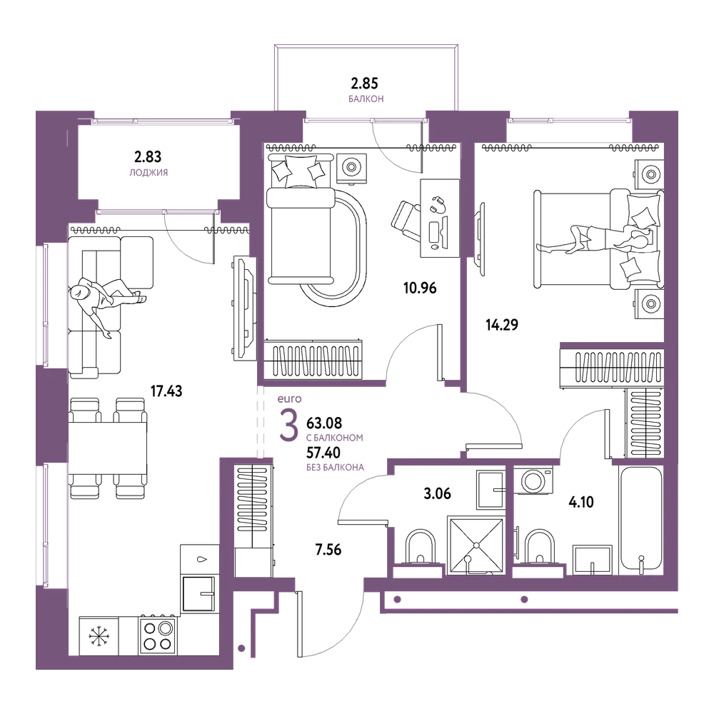 Планировка: Евротрёшка 63,08 м²