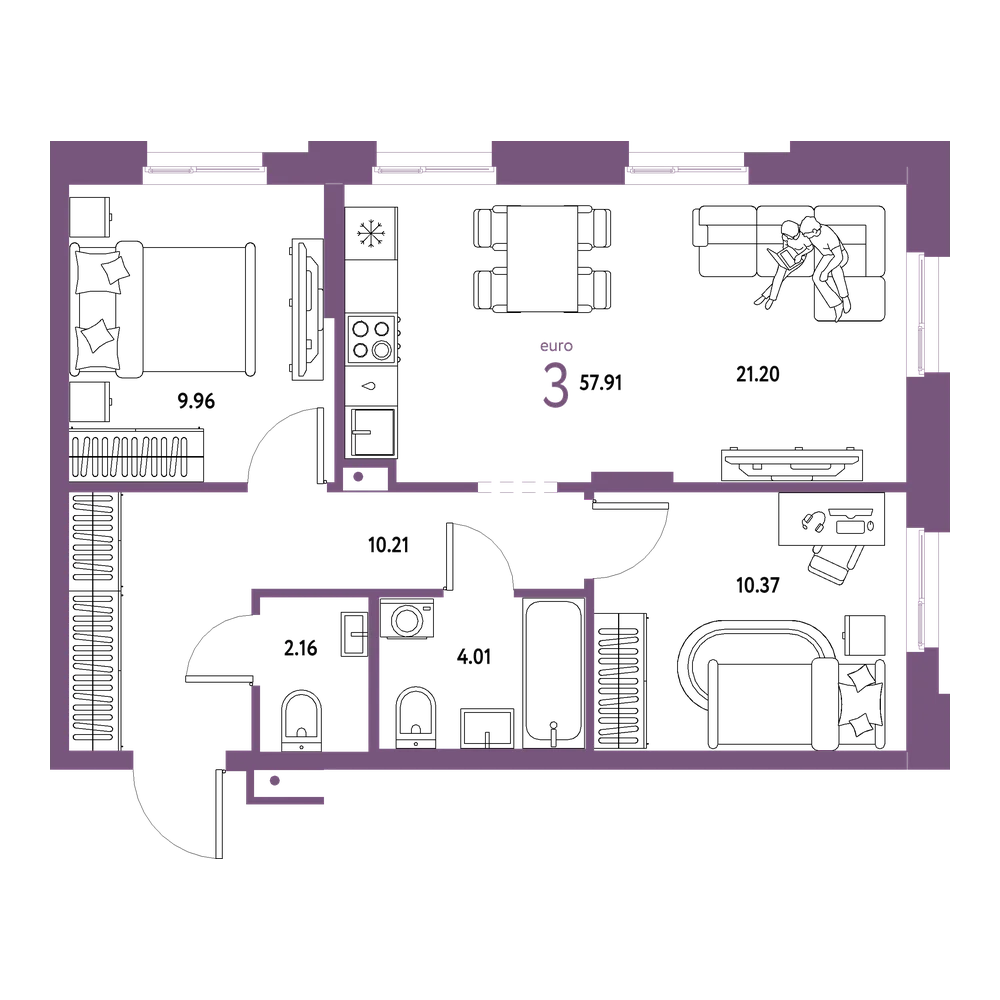 Планировка: Евротрёшка 57,91 м²