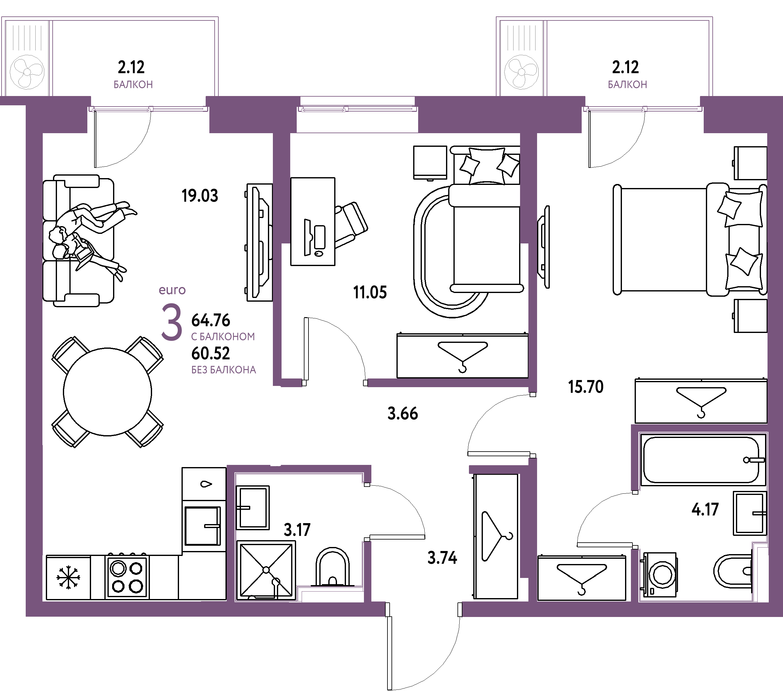 Планировка: Евротрёшка 64,76 м² в ЖК «Европейский берег 2.0»