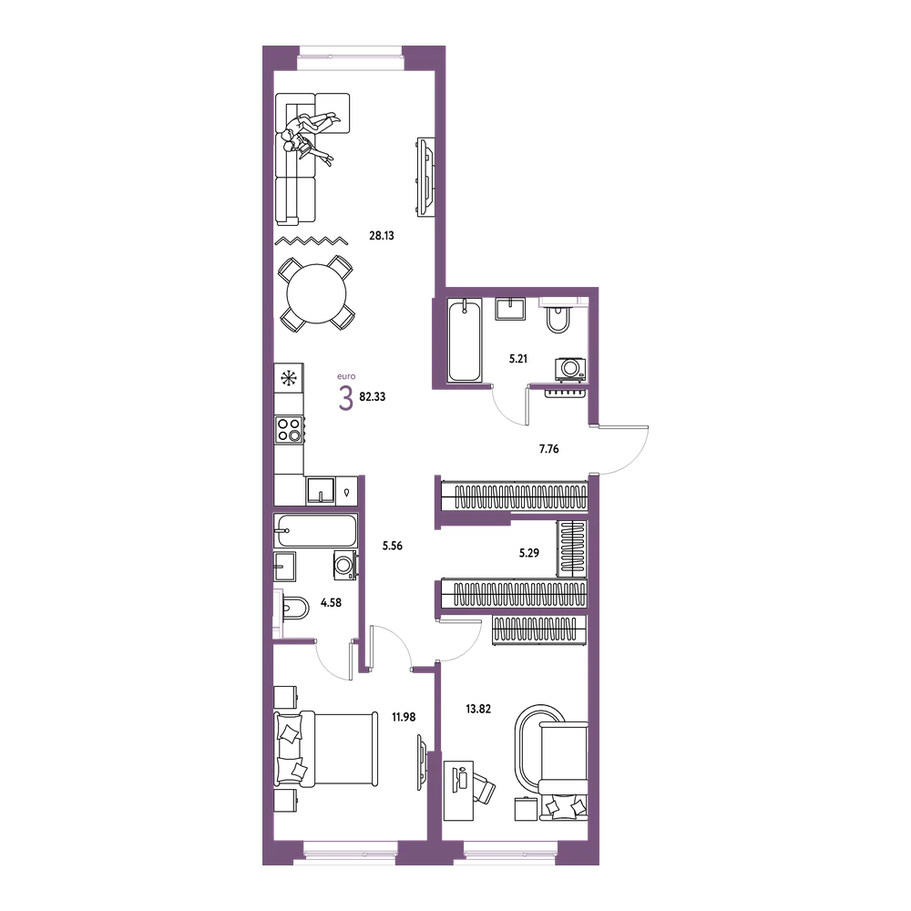 Планировка: Евротрёшка 82,35 м²