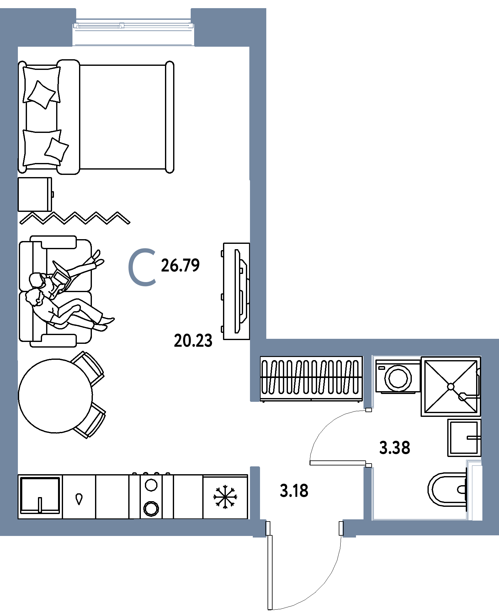 Планировка: Студия 26,79 м² в ЖК «Остров-сад»