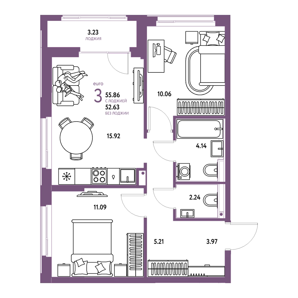 Планировка: Евротрёшка 55,91 м²