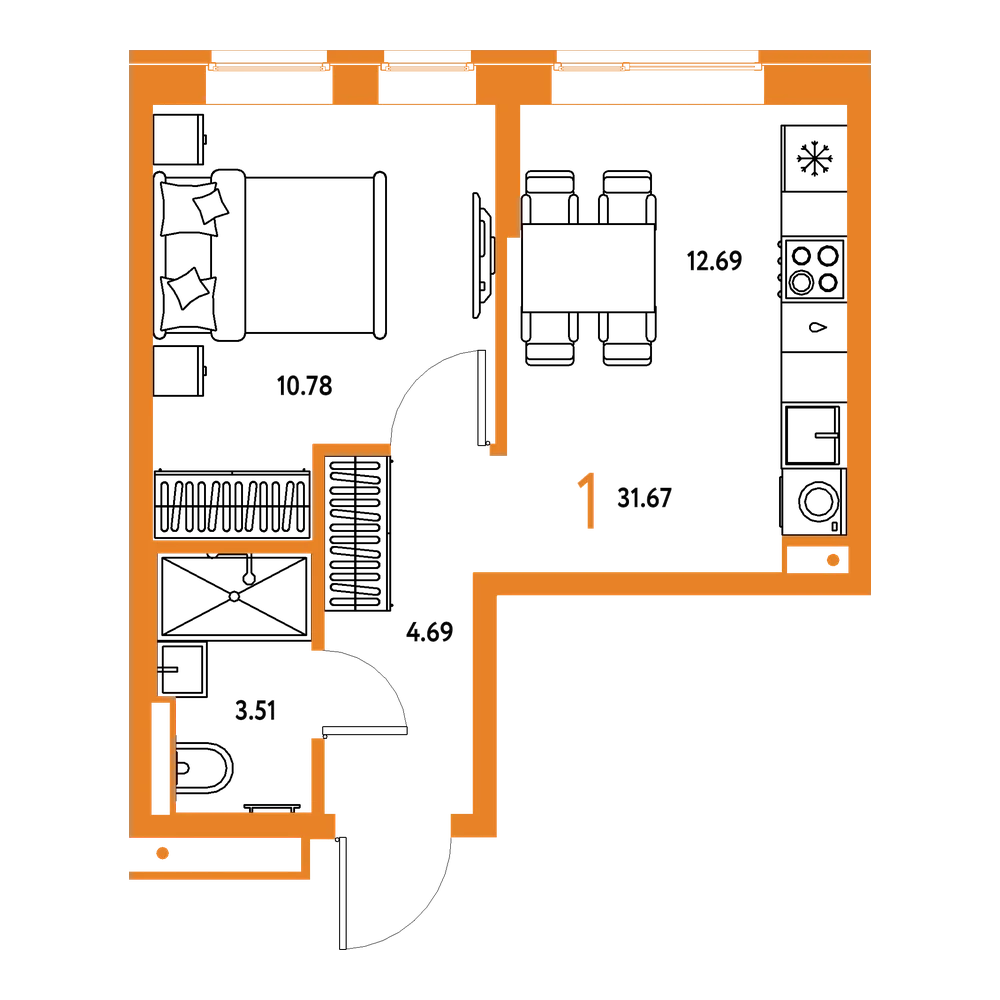 Планировка: 1-комнатная 31,67 м²