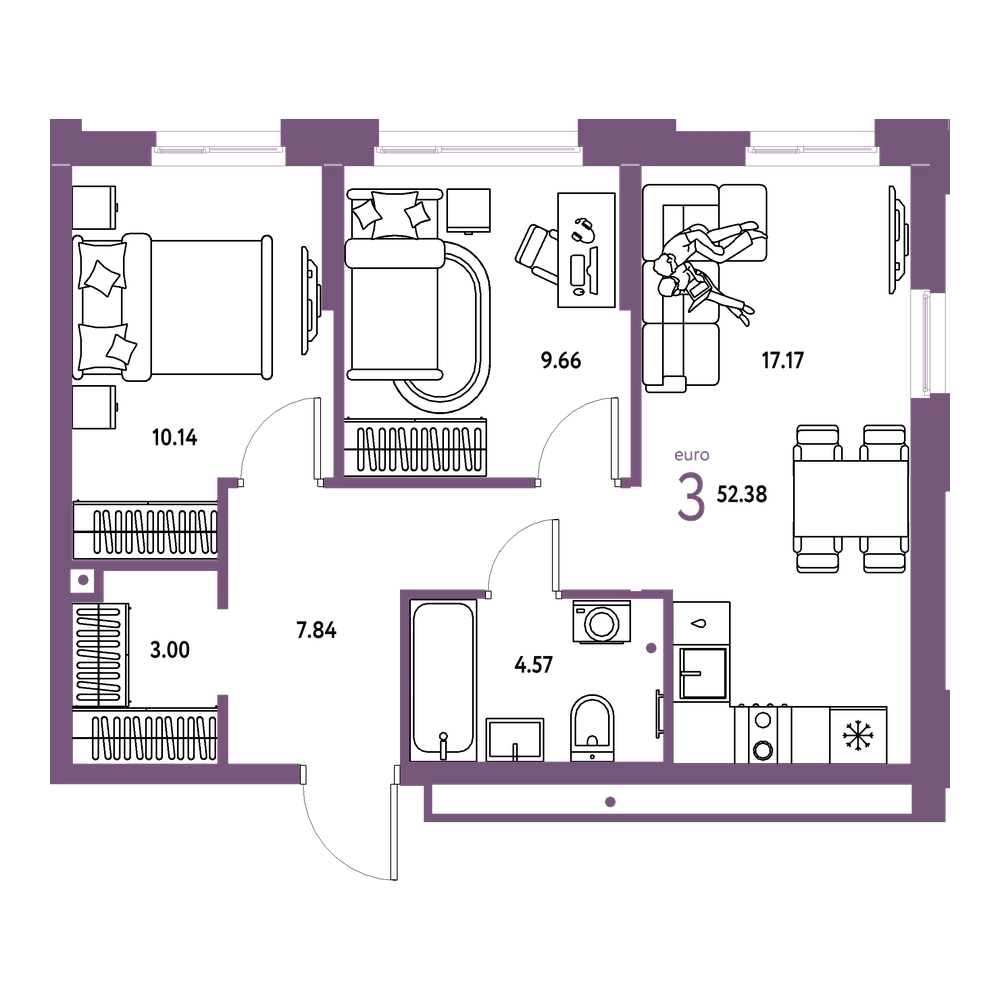 Планировка: Евротрёшка 52,38 м²