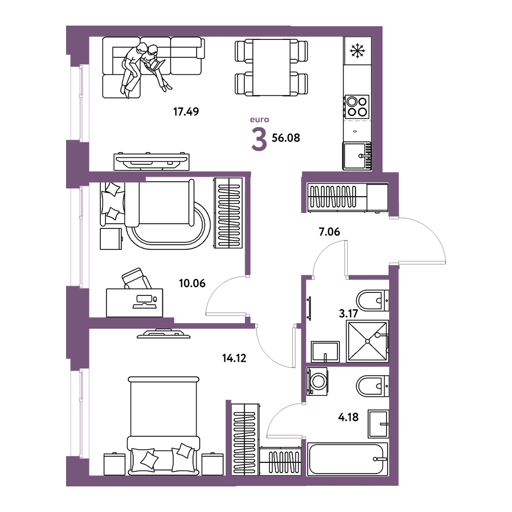 Планировка: Евротрёшка 56,08 м²