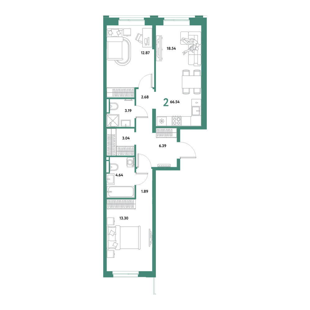 Планировка: Евродвушка 66,54 м²