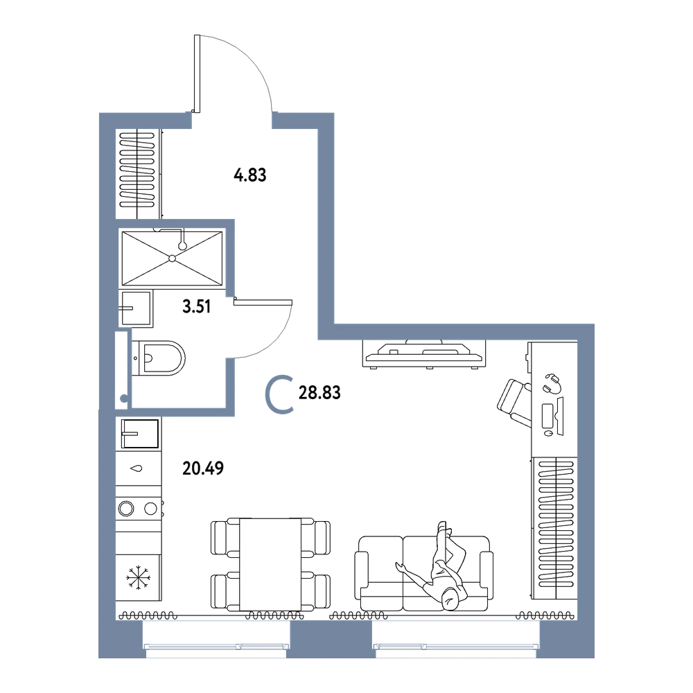 Планировка: Студия 28,83 м²