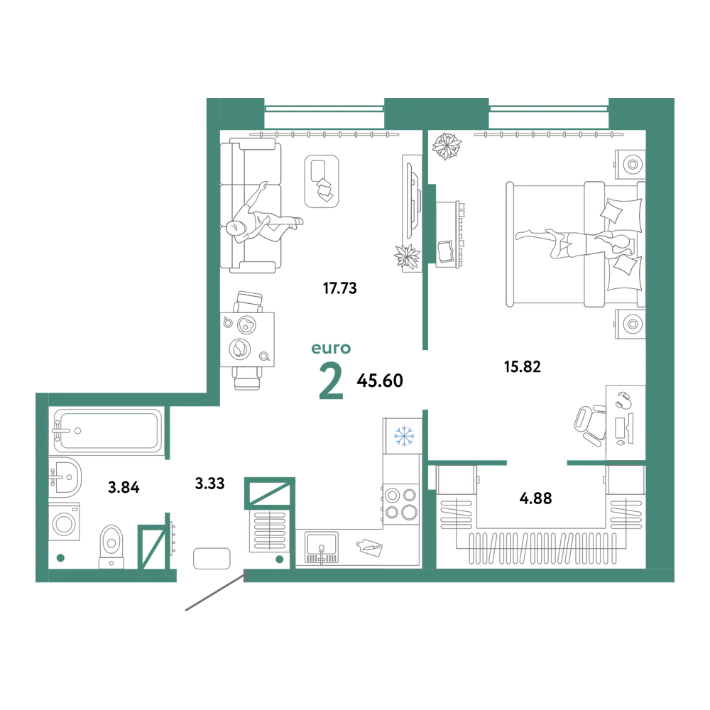 Планировка: Евродвушка 45,6 м²