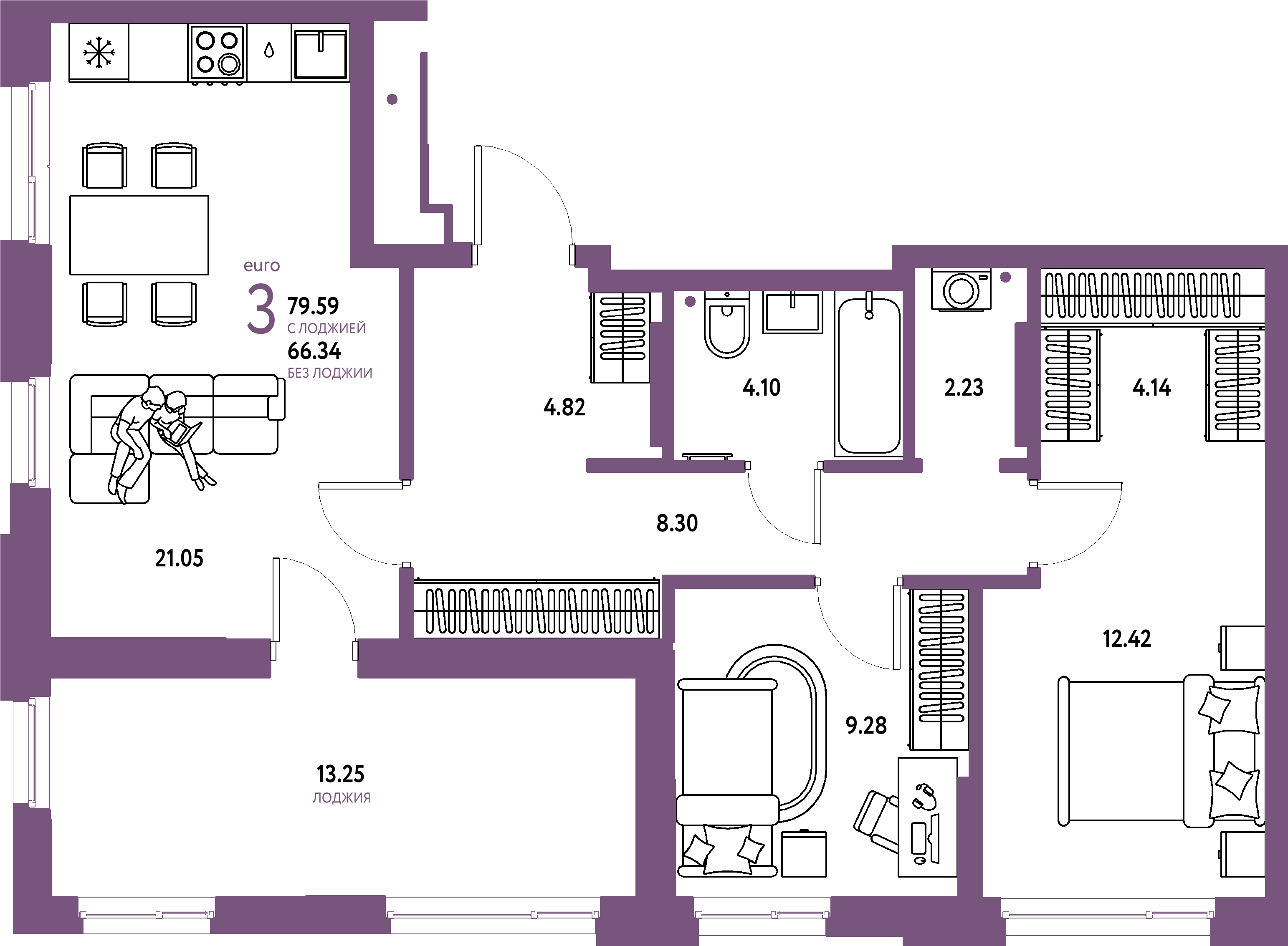 Планировка: Евротрёшка 79,59 м² в ЖК «Домашний»