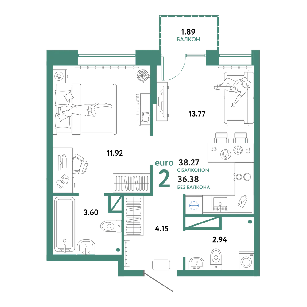 Планировка: Евродвушка 38,27 м²