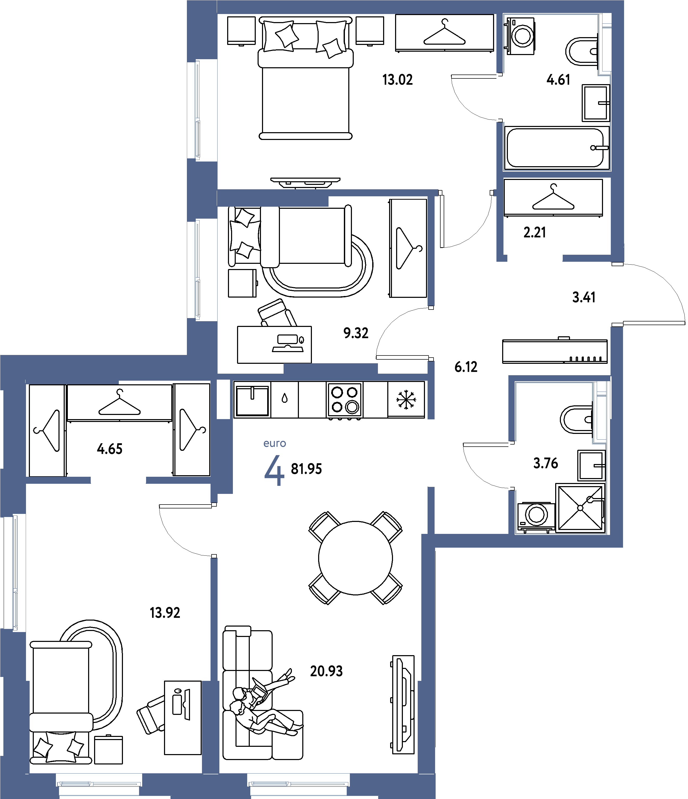 Планировка: Евро-4 81,95 м² в ЖК «Европейский берег 2.0»