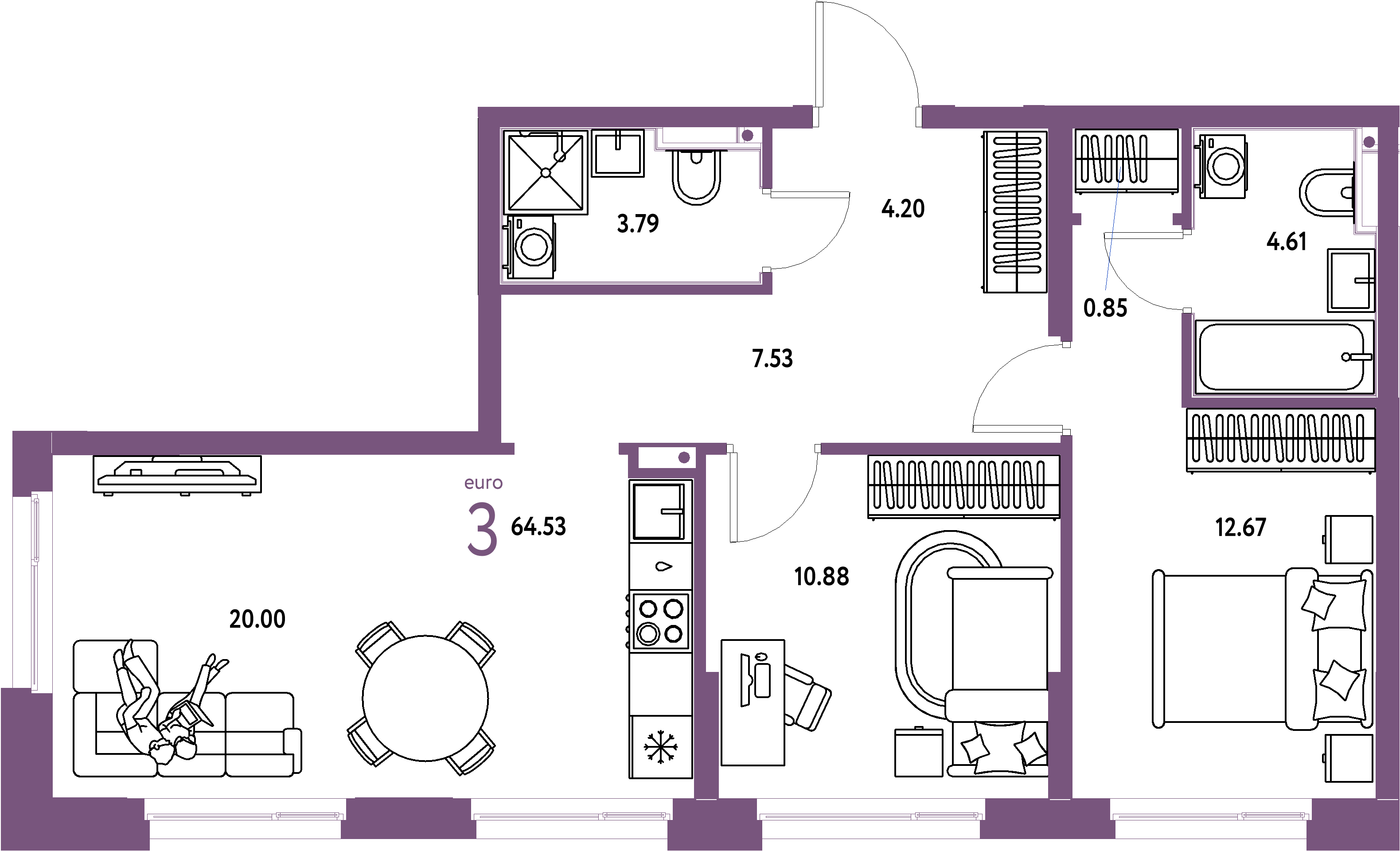 Планировка: Евротрёшка 64,64 м² в ЖК «Домашний»