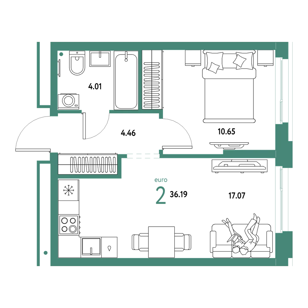 Планировка: Евродвушка 36,19 м²