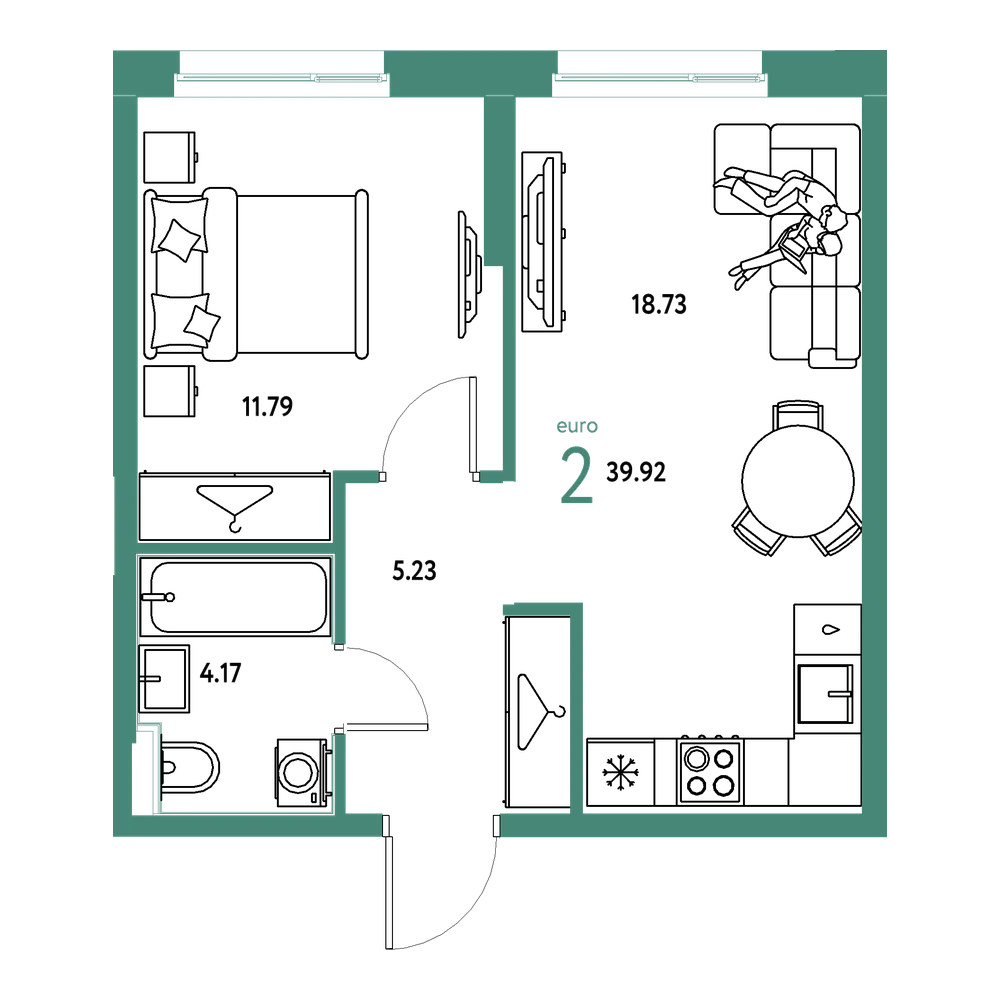 Планировка: Евродвушка 39,91 м²