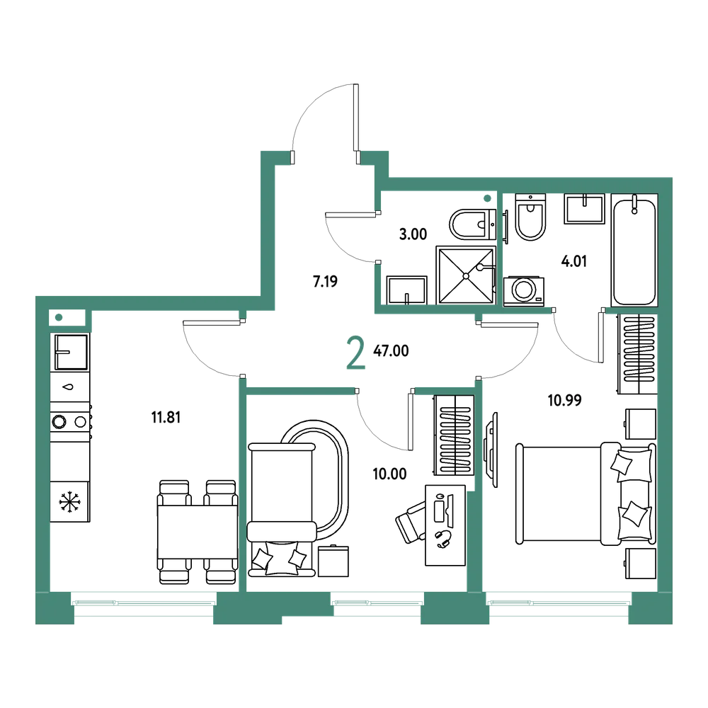 Планировка: 2-комнатная 47 м²
