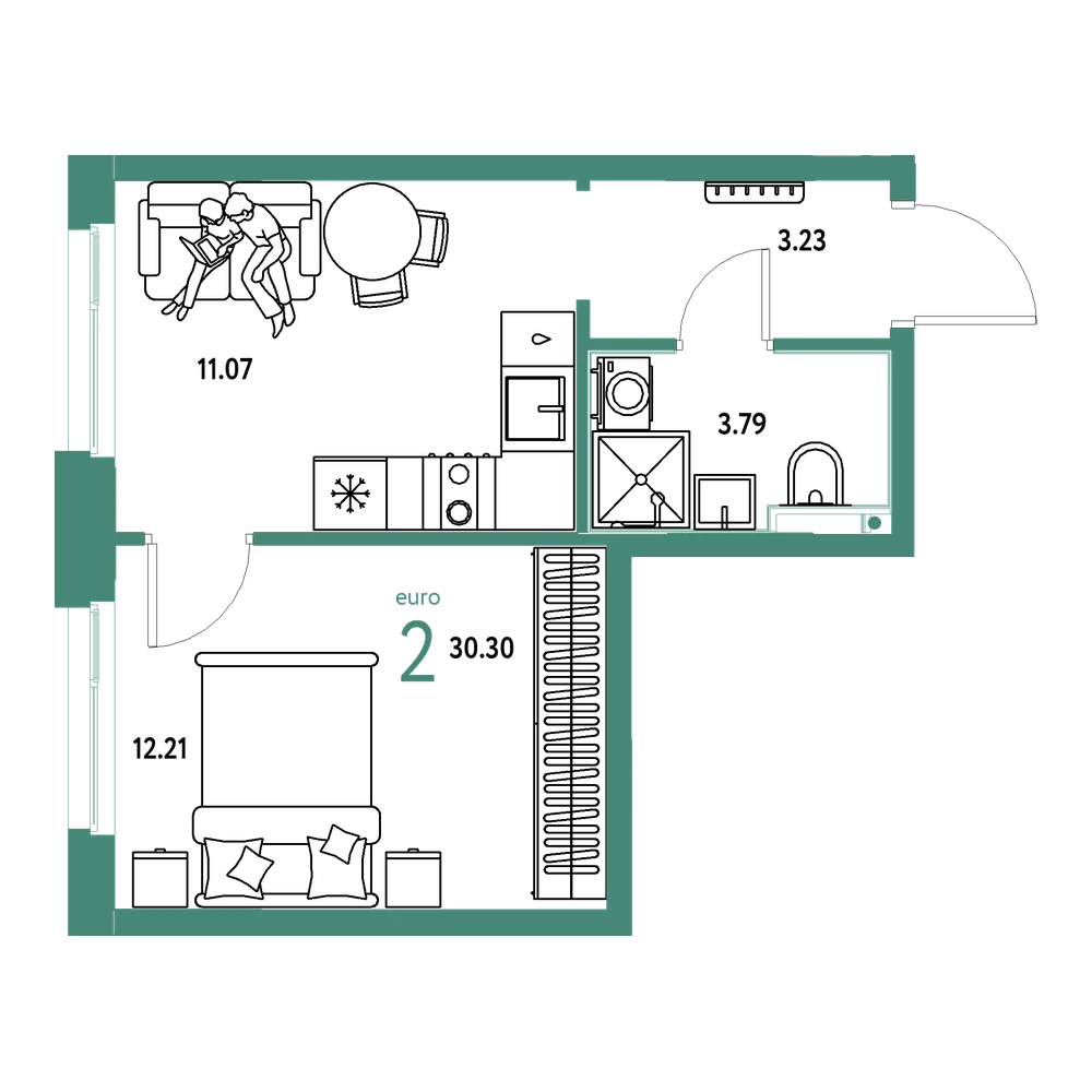 Планировка: Евродвушка 30,3 м²