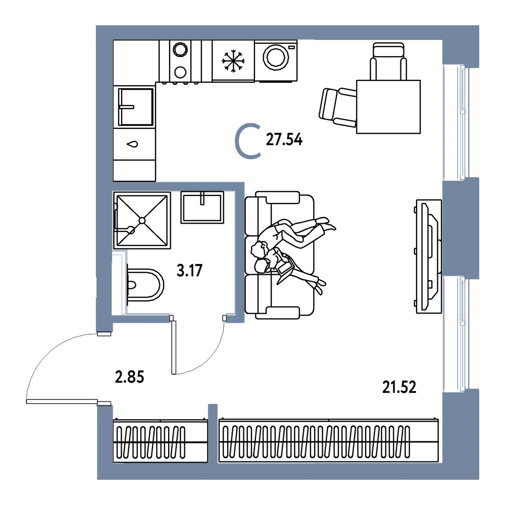 Планировка: Студия 27,54 м²