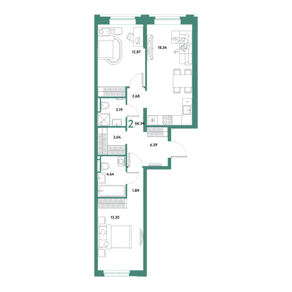 Планировка: Евродвушка 66,54 м²