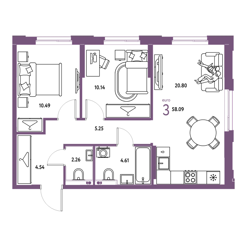 Планировка: Евротрёшка 58,09 м²