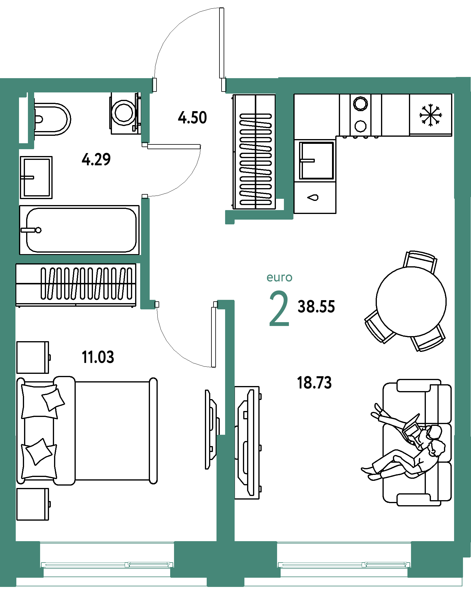 Планировка: Евродвушка 38,55 м² в ЖК «Остров-сад»