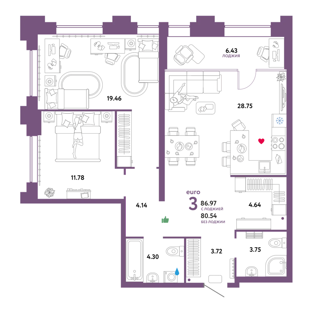 Планировка: Евротрёшка 86,97 м²