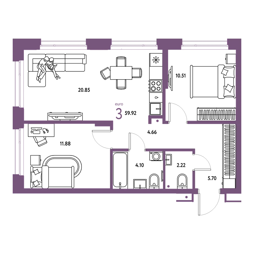 Планировка: Евротрёшка 59,92 м²