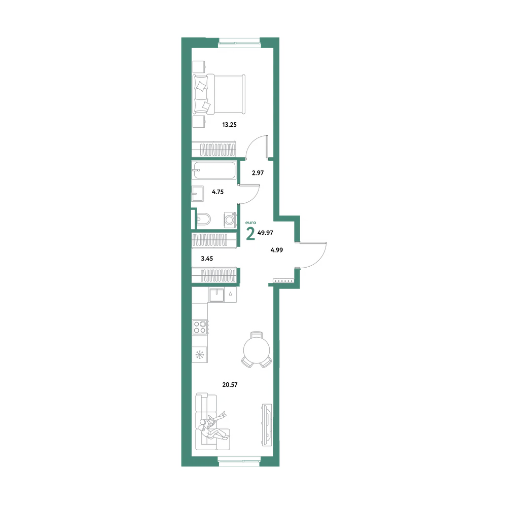 Планировка: Евродвушка 49,97 м²