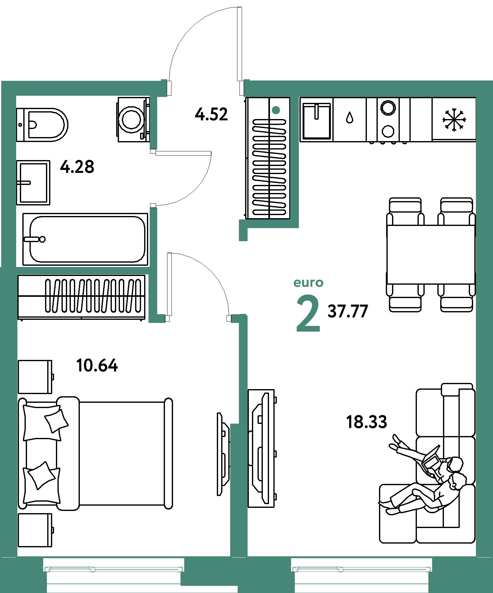 Планировка: Евродвушка 37,77 м² в ЖК «Европейский берег 2.0»