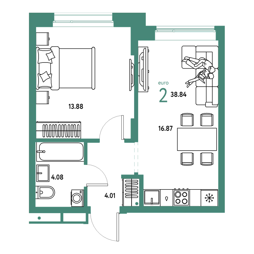 Планировка: Евродвушка 38,84 м²